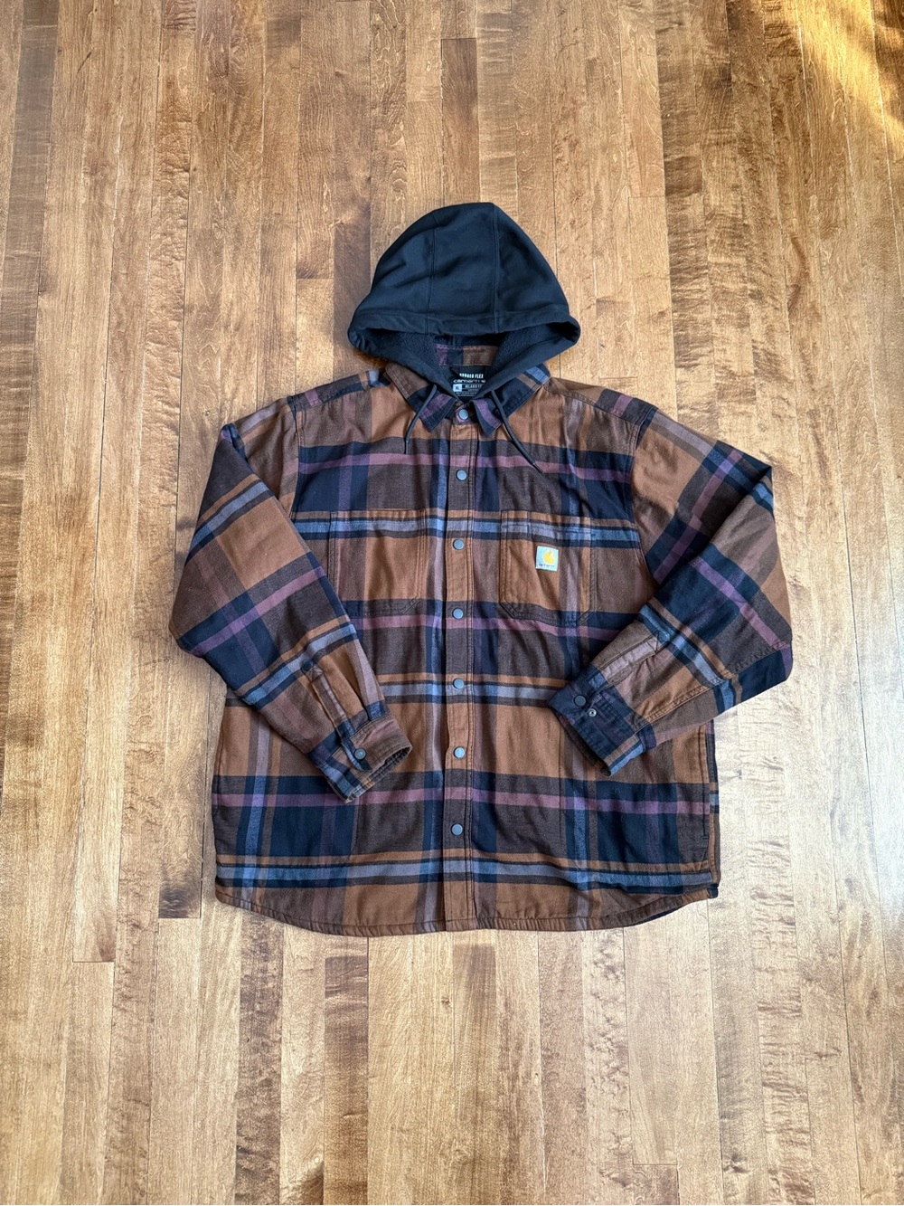 Carhartt Brown Plaid Hooded Shirt Jacket with Black Hood